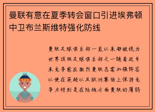 曼联有意在夏季转会窗口引进埃弗顿中卫布兰斯维特强化防线 曼联有意在夏季转会窗口引进埃弗顿中卫布兰斯维特强化防线